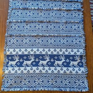Set 4 Nordic Deer Blue White Woven Cotton Fringed Placemats Snowflake Winter